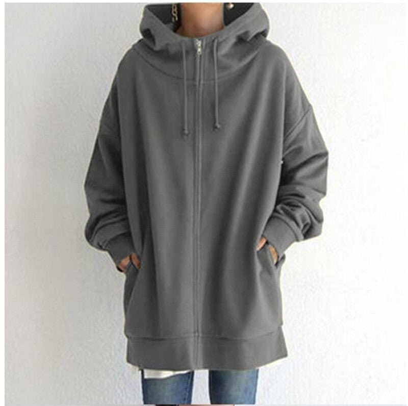 Oversized S - 5XL Women Loose Hooded Coats Autumn Female Tie Collar Long Sleeve Zipper Up Add Velvet Long Sweatshirt - StepByStepNow