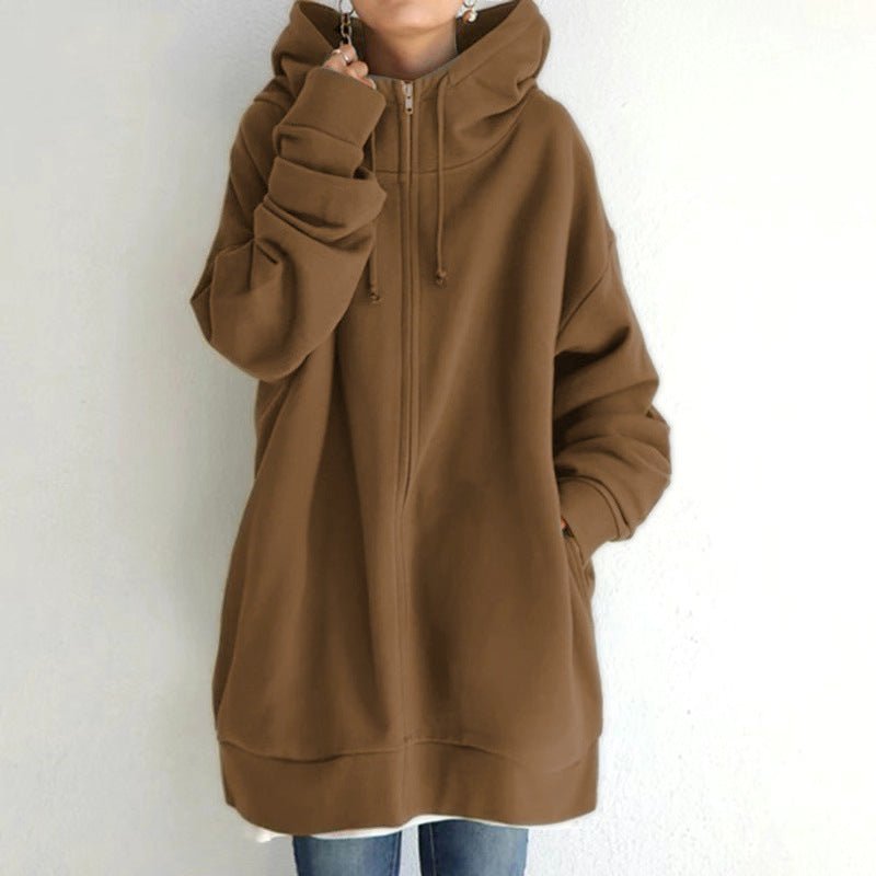 Oversized S - 5XL Women Loose Hooded Coats Autumn Female Tie Collar Long Sleeve Zipper Up Add Velvet Long Sweatshirt - StepByStepNow