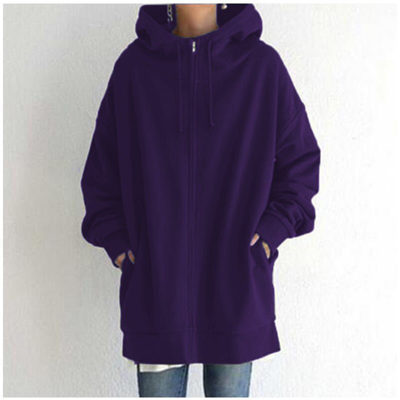 Oversized S - 5XL Women Loose Hooded Coats Autumn Female Tie Collar Long Sleeve Zipper Up Add Velvet Long Sweatshirt - StepByStepNow