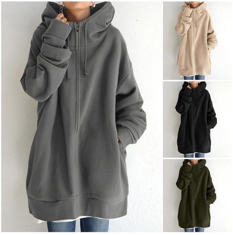 Oversized S - 5XL Women Loose Hooded Coats Autumn Female Tie Collar Long Sleeve Zipper Up Add Velvet Long Sweatshirt - StepByStepNow