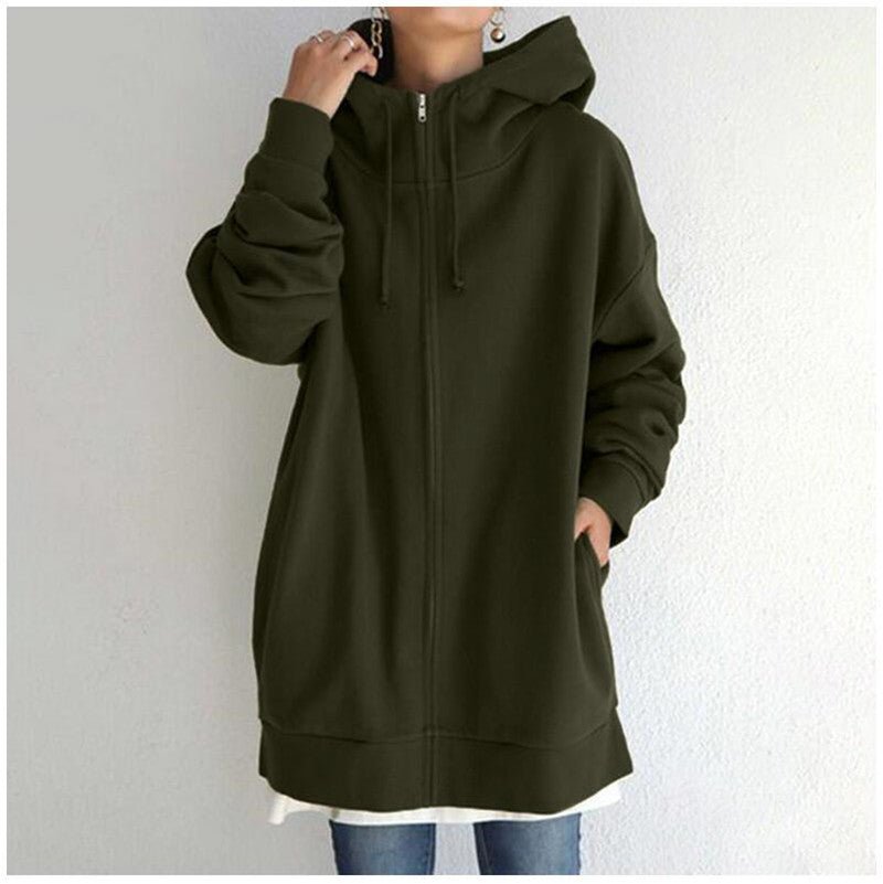 Oversized S - 5XL Women Loose Hooded Coats Autumn Female Tie Collar Long Sleeve Zipper Up Add Velvet Long Sweatshirt - StepByStepNow