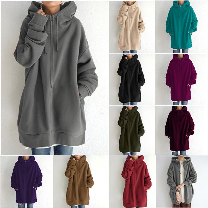 Oversized S - 5XL Women Loose Hooded Coats Autumn Female Tie Collar Long Sleeve Zipper Up Add Velvet Long Sweatshirt - StepByStepNow