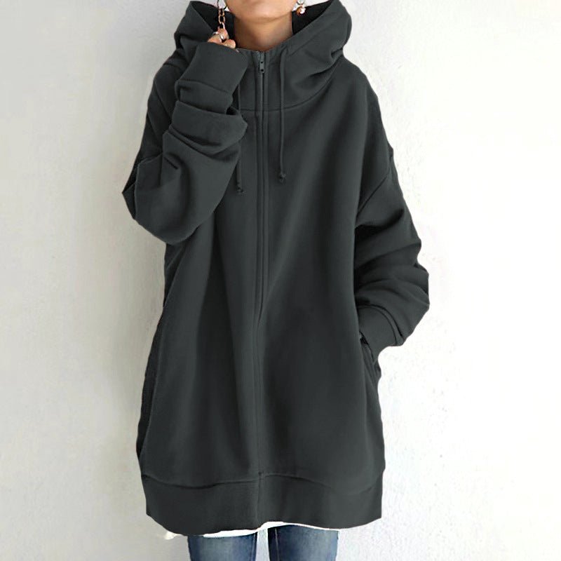 Oversized S - 5XL Women Loose Hooded Coats Autumn Female Tie Collar Long Sleeve Zipper Up Add Velvet Long Sweatshirt - StepByStepNow