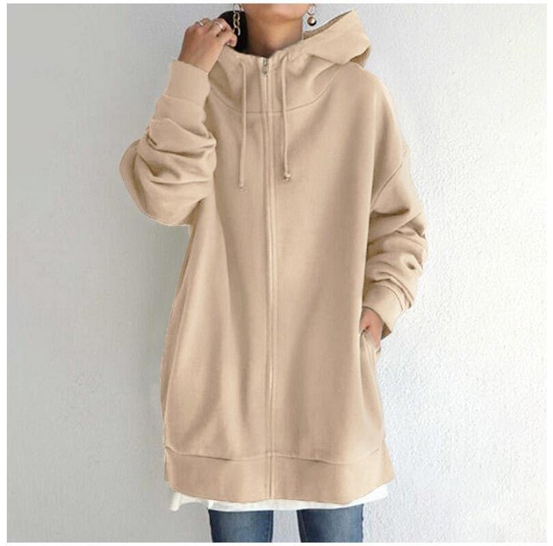 Oversized S - 5XL Women Loose Hooded Coats Autumn Female Tie Collar Long Sleeve Zipper Up Add Velvet Long Sweatshirt - StepByStepNow