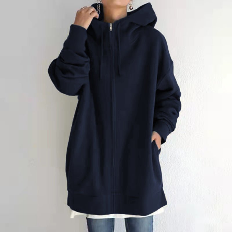 Oversized S - 5XL Women Loose Hooded Coats Autumn Female Tie Collar Long Sleeve Zipper Up Add Velvet Long Sweatshirt - StepByStepNow