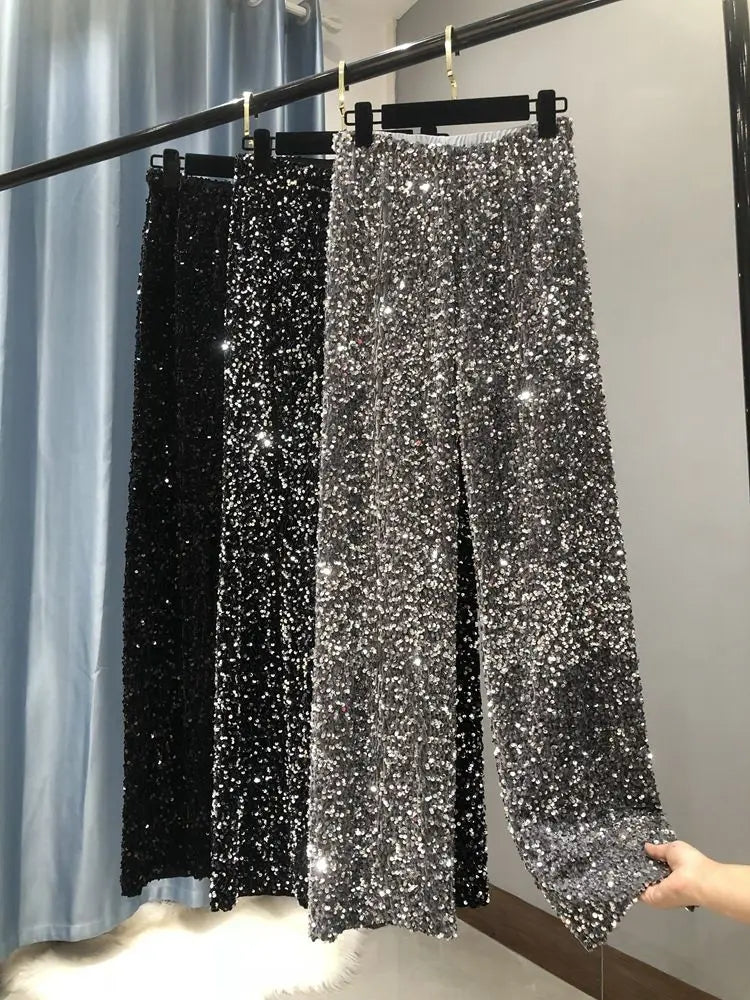 Pantaloni a gamba larga con paillettes da donna di nuova moda Pantaloni dorati scintillanti Pantaloni dritti glitterati femminili casual a vita alta estiva - StepByStepNow