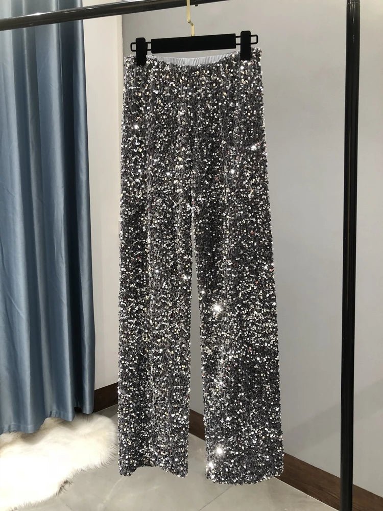 Pantaloni a gamba larga con paillettes da donna di nuova moda Pantaloni dorati scintillanti Pantaloni dritti glitterati femminili casual a vita alta estiva - StepByStepNow