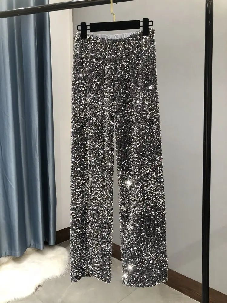 Pantaloni a gamba larga con paillettes da donna di nuova moda Pantaloni dorati scintillanti Pantaloni dritti glitterati femminili casual a vita alta estiva - StepByStepNow