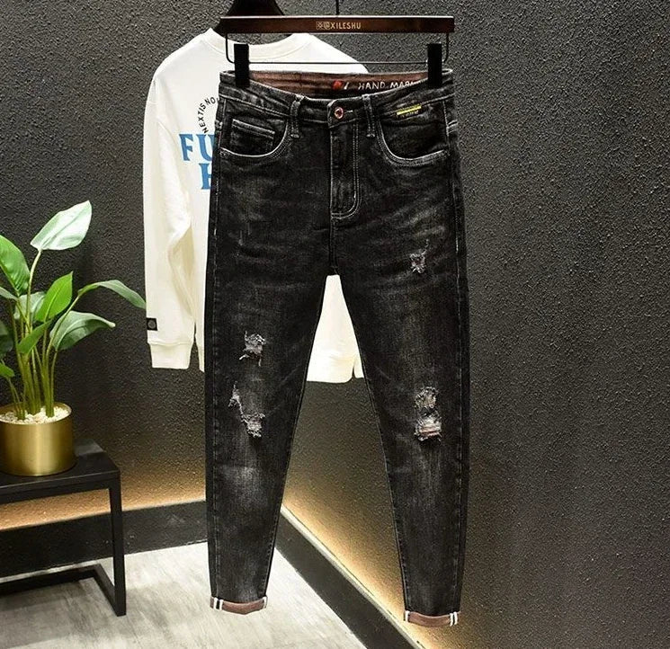 Pantaloni con fori Jeans attillati attillati da uomo pantaloni da Cowboy da uomo rotti neri strappati Slim Fit Designer primavera autunno Xs - StepByStep