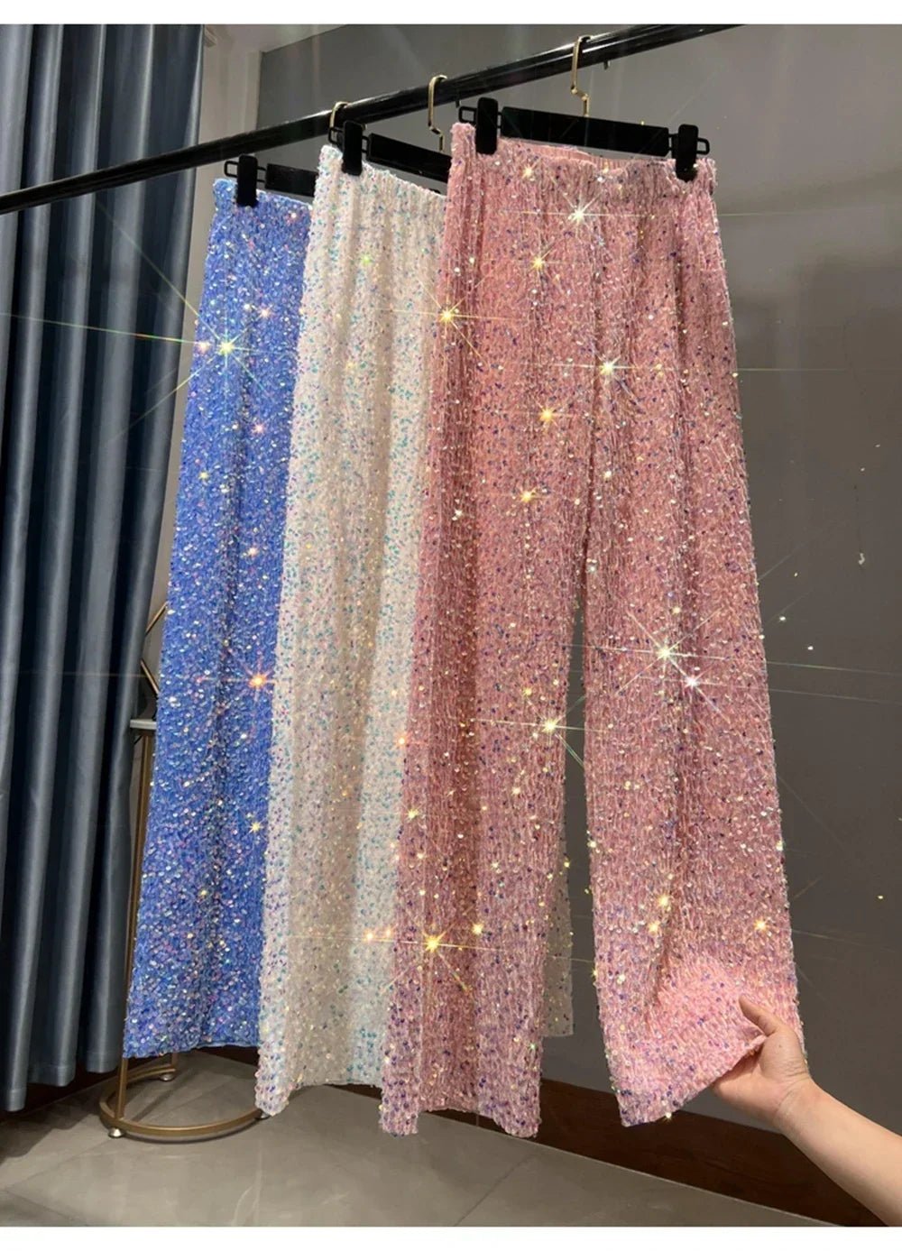Pantaloni coreani a gamba larga autunnali e invernali con paillettes Pantaloni drappeggiati allungati e ispessiti Pantaloni casual a gamba dritta lucidi - StepByStepNow
