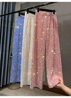 Pantaloni coreani a gamba larga autunnali e invernali con paillettes Pantaloni drappeggiati allungati e ispessiti Pantaloni casual a gamba dritta lucidi - StepByStepNow