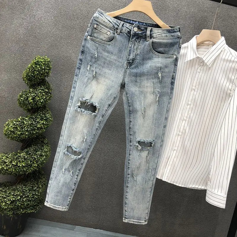Pantaloni jeans da uomo estivi affusolati Harajuku moda coreana autunno abiti classici Y2k 2000s pantaloni da cowboy maschili azzurri - StepByStep