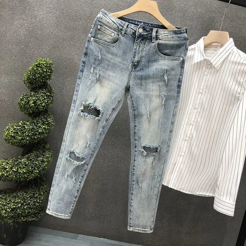 Pantaloni jeans da uomo estivi affusolati Harajuku moda coreana autunno abiti classici Y2k 2000s pantaloni da cowboy maschili azzurri - StepByStep