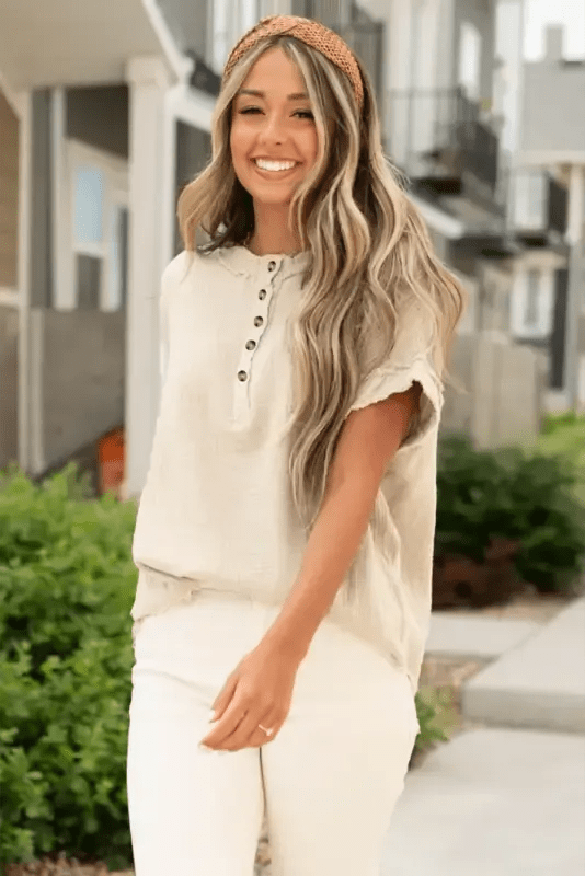 Parchment Crinkle Textured Frayed Trim Half Button Short Sleeve Top - StepByStep