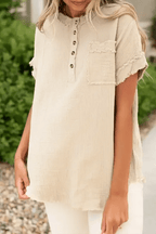 Parchment Crinkle Textured Frayed Trim Half Button Short Sleeve Top - StepByStep