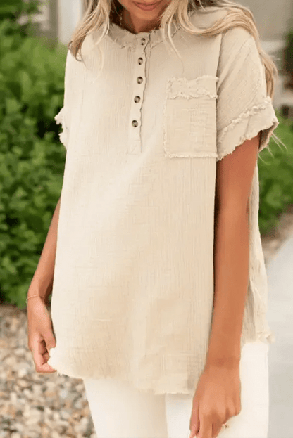 Parchment Crinkle Textured Frayed Trim Half Button Short Sleeve Top - StepByStep