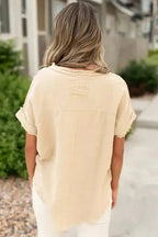 Parchment Crinkle Textured Frayed Trim Half Button Short Sleeve Top - StepByStep