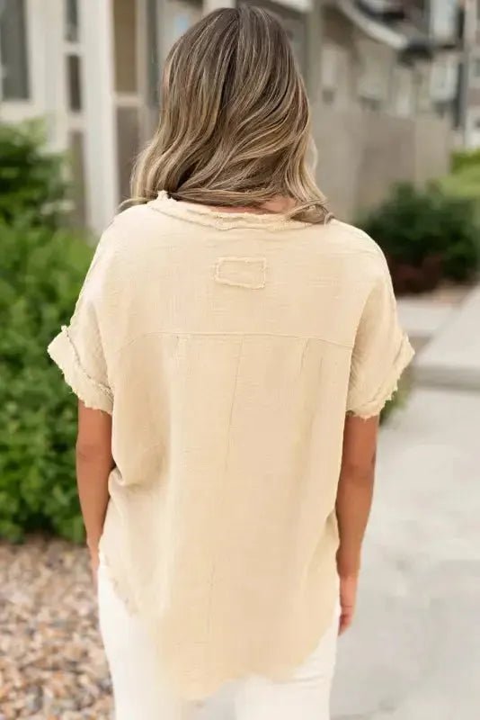 Parchment Crinkle Textured Frayed Trim Half Button Short Sleeve Top - StepByStep