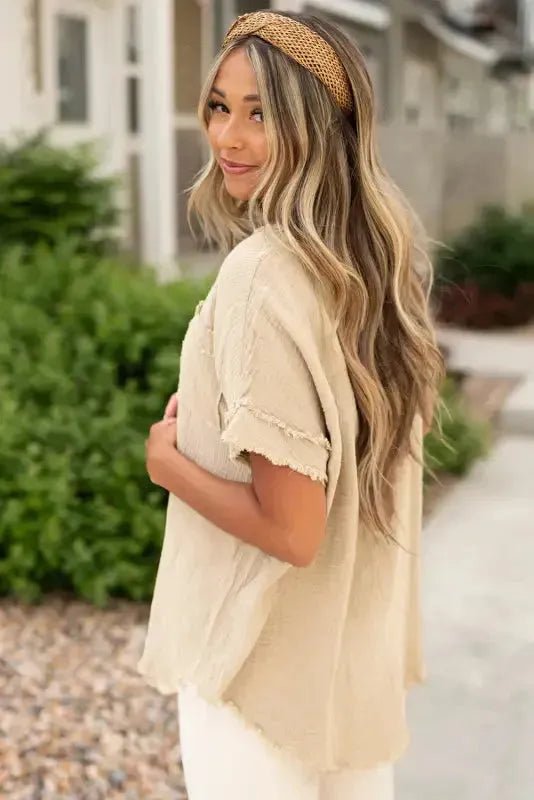 Parchment Crinkle Textured Frayed Trim Half Button Short Sleeve Top - StepByStep