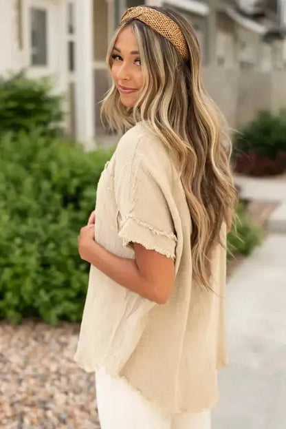Parchment Crinkle Textured Frayed Trim Half Button Short Sleeve Top - StepByStep