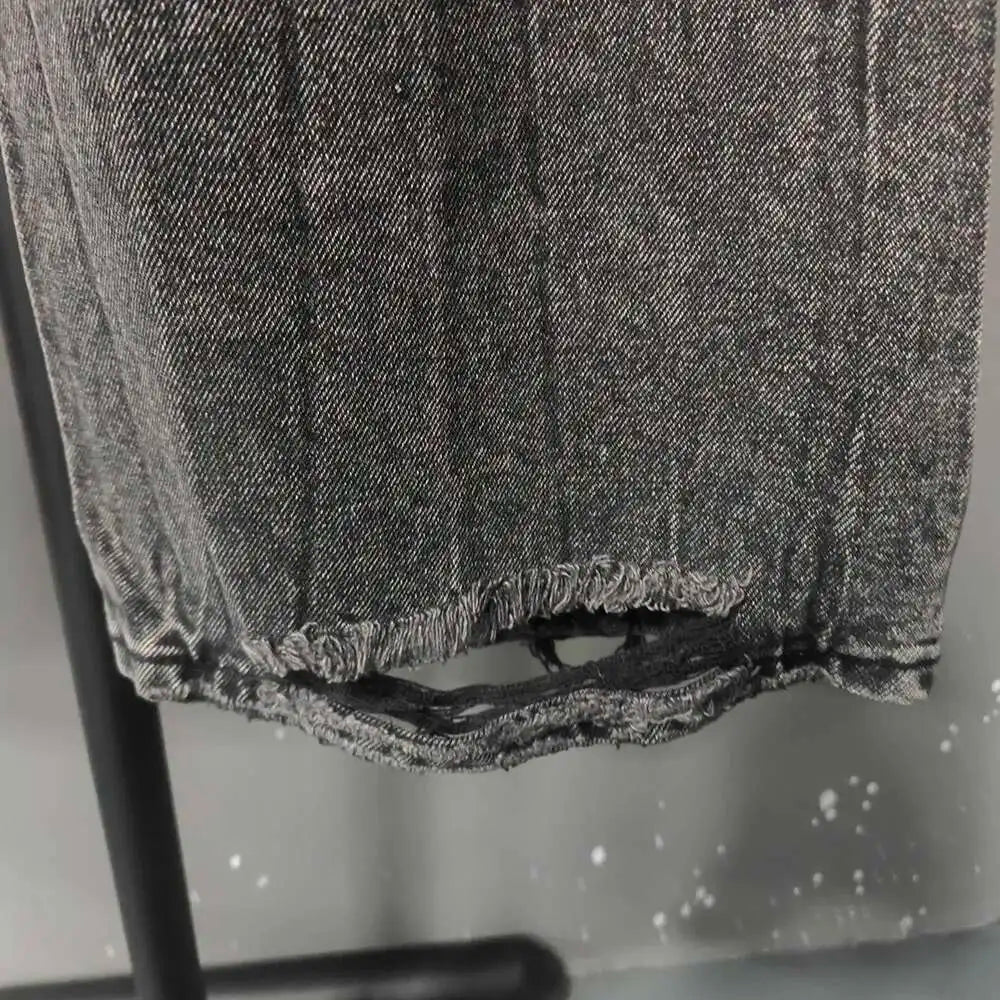 PFNW Distressed Niche Design Nero Grigio Micro Svasato Jeans da Uomo Allentato Tendenza Foro Dritto Fondo Casual Pantaloni in Denim 28W5868 - StepByStepNow