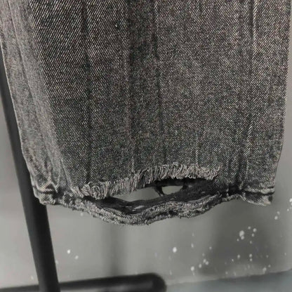 PFNW Distressed Niche Design Nero Grigio Micro Svasato Jeans da Uomo Allentato Tendenza Foro Dritto Fondo Casual Pantaloni in Denim 28W5868 - StepByStepNow