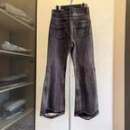 PFNW Distressed Niche Design Nero Grigio Micro Svasato Jeans da Uomo Allentato Tendenza Foro Dritto Fondo Casual Pantaloni in Denim 28W5868 - StepByStepNow