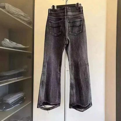 PFNW Distressed Niche Design Nero Grigio Micro Svasato Jeans da Uomo Allentato Tendenza Foro Dritto Fondo Casual Pantaloni in Denim 28W5868 - StepByStepNow