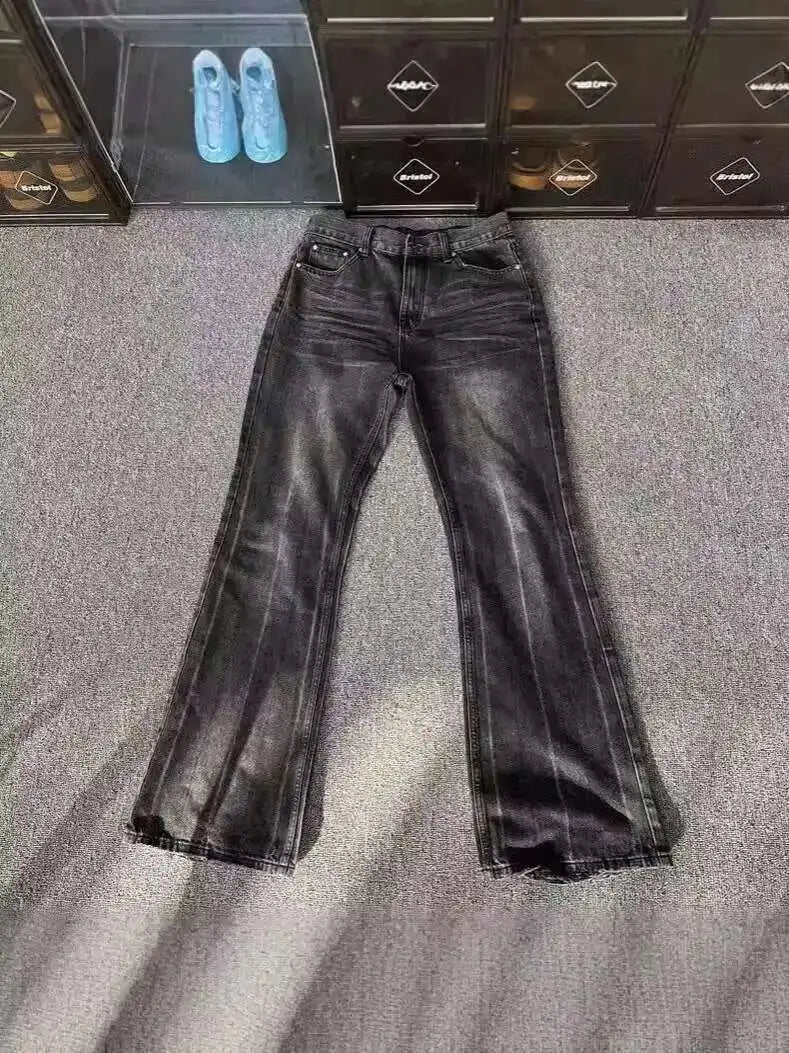 PFNW Distressed Niche Design Nero Grigio Micro Svasato Jeans da Uomo Allentato Tendenza Foro Dritto Fondo Casual Pantaloni in Denim 28W5868 - StepByStepNow