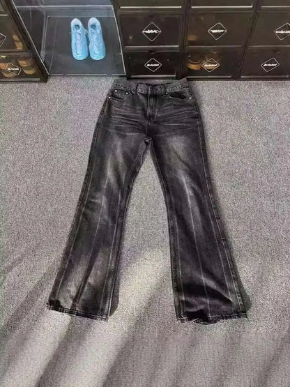 PFNW Distressed Niche Design Nero Grigio Micro Svasato Jeans da Uomo Allentato Tendenza Foro Dritto Fondo Casual Pantaloni in Denim 28W5868 - StepByStepNow