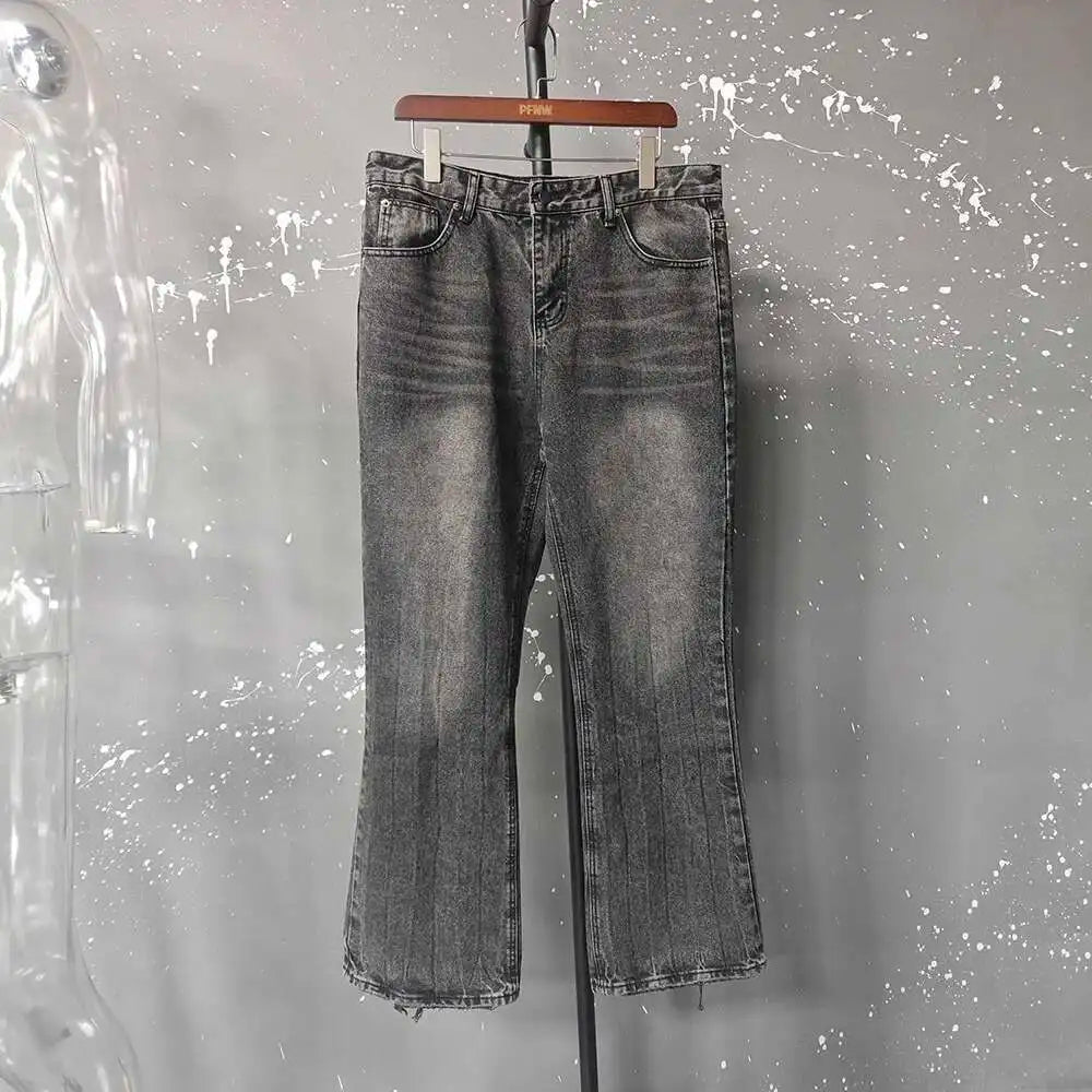 PFNW Distressed Niche Design Nero Grigio Micro Svasato Jeans da Uomo Allentato Tendenza Foro Dritto Fondo Casual Pantaloni in Denim 28W5868 - StepByStepNow