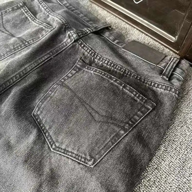 PFNW Distressed Niche Design Nero Grigio Micro Svasato Jeans da Uomo Allentato Tendenza Foro Dritto Fondo Casual Pantaloni in Denim 28W5868 - StepByStepNow