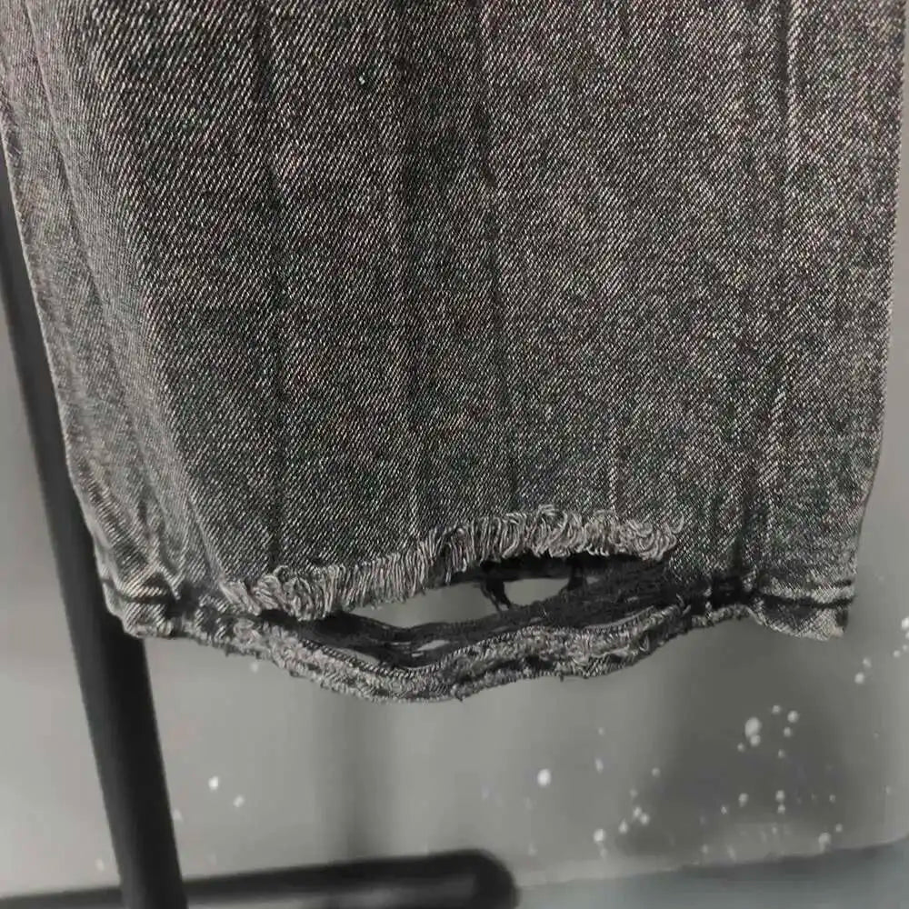 PFNW Distressed Niche Design Nero Grigio Micro Svasato Jeans da Uomo Allentato Tendenza Foro Dritto Fondo Casual Pantaloni in Denim 28W5868 - StepByStepNow