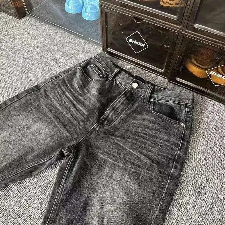 PFNW Distressed Niche Design Nero Grigio Micro Svasato Jeans da Uomo Allentato Tendenza Foro Dritto Fondo Casual Pantaloni in Denim 28W5868 - StepByStepNow