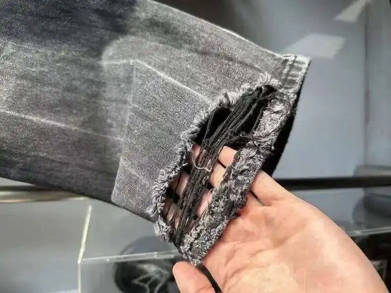 PFNW Distressed Niche Design Nero Grigio Micro Svasato Jeans da Uomo Allentato Tendenza Foro Dritto Fondo Casual Pantaloni in Denim 28W5868 - StepByStepNow