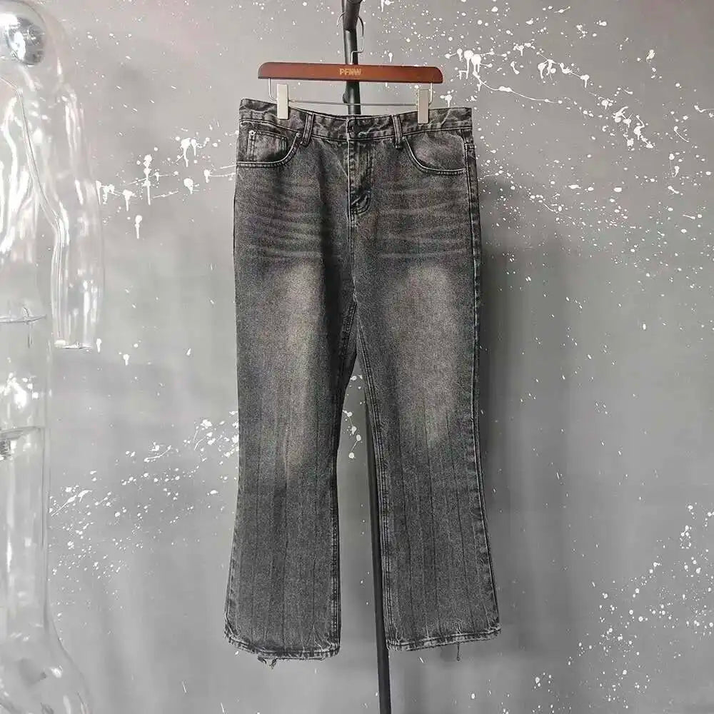 PFNW Distressed Niche Design Nero Grigio Micro Svasato Jeans da Uomo Allentato Tendenza Foro Dritto Fondo Casual Pantaloni in Denim 28W5868 - StepByStepNow