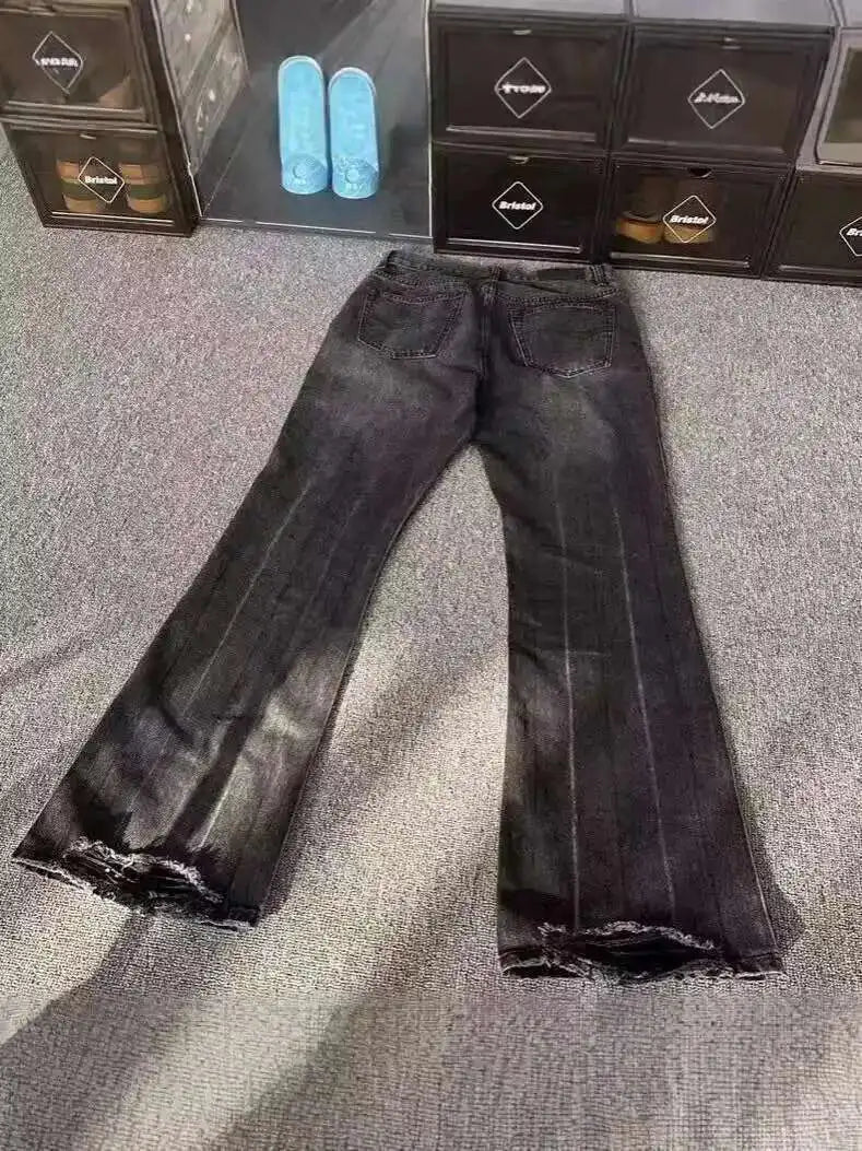 PFNW Distressed Niche Design Nero Grigio Micro Svasato Jeans da Uomo Allentato Tendenza Foro Dritto Fondo Casual Pantaloni in Denim 28W5868 - StepByStepNow