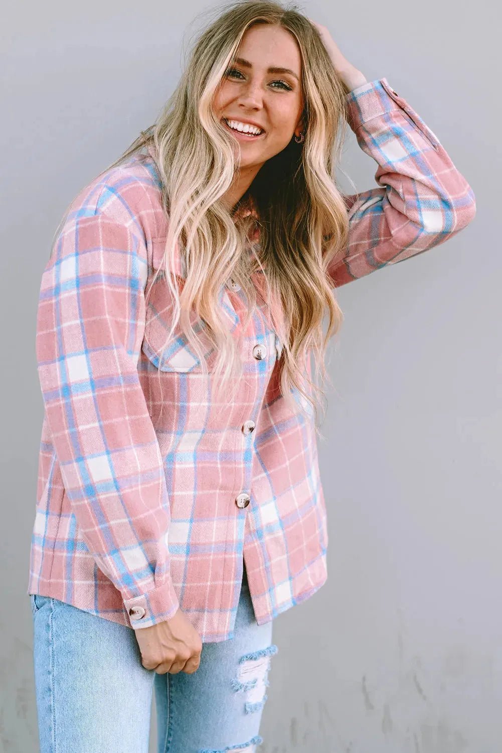 Pink Plaid Flap Pocket Flannel Shacket - StepByStep