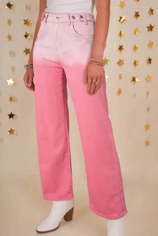 Pink Rhinestone Gradient Denim Pants - StepByStep