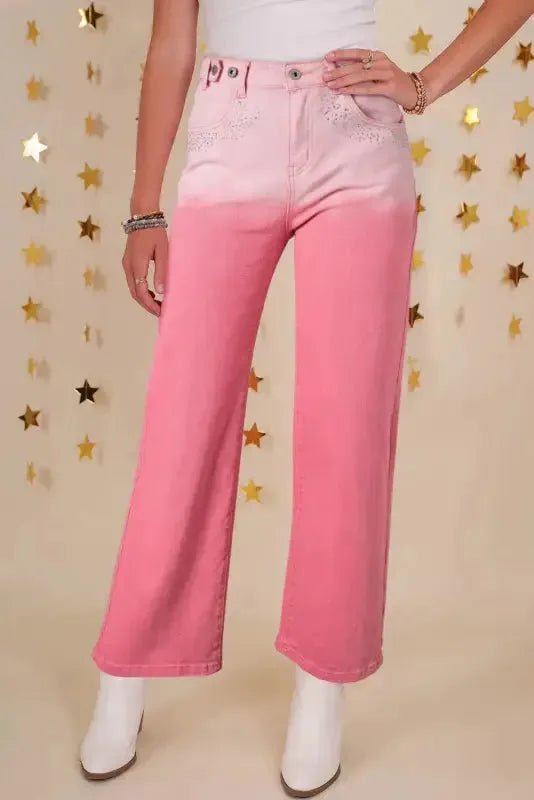 Pink Rhinestone Gradient Denim Pants - StepByStep