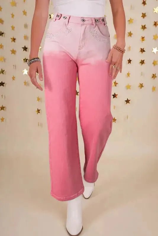 Pink Rhinestone Gradient Denim Pants - StepByStep
