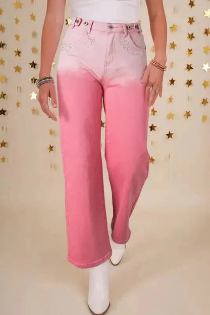 Pink Rhinestone Gradient Denim Pants - StepByStep