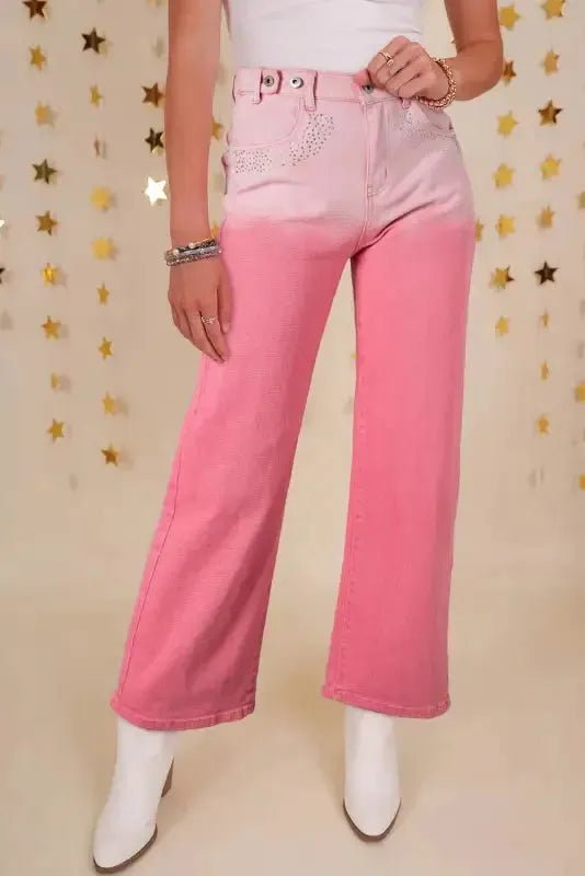 Pink Rhinestone Gradient Denim Pants - StepByStep