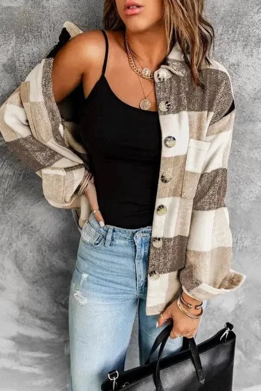 Plaid Color Block Button Down Jacket - StepByStep