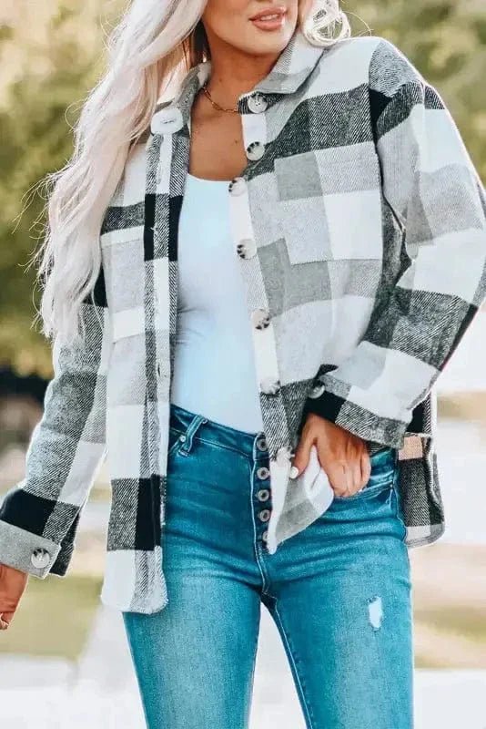 Plaid Color Block Button Down Jacket - StepByStep