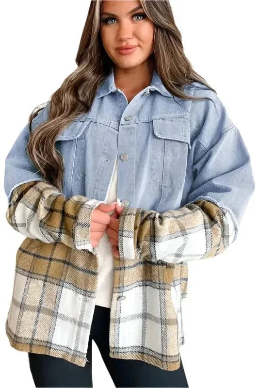 Plaid Fusion Oversized Denim Jacket - StepByStep