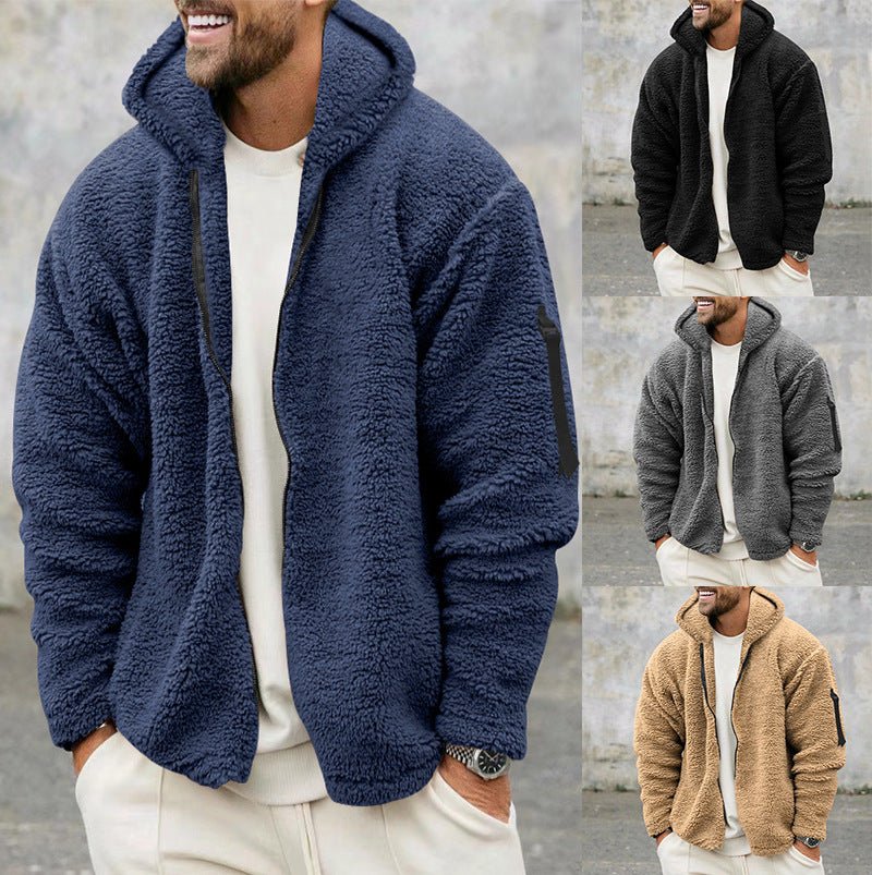 Plush Hooded Jacket Men's Autumn And Winter Fleece Double - sided Wear Warm Coat With Zipper Loose Casual Jacket Outdoor Clothing - StepByStepNow
