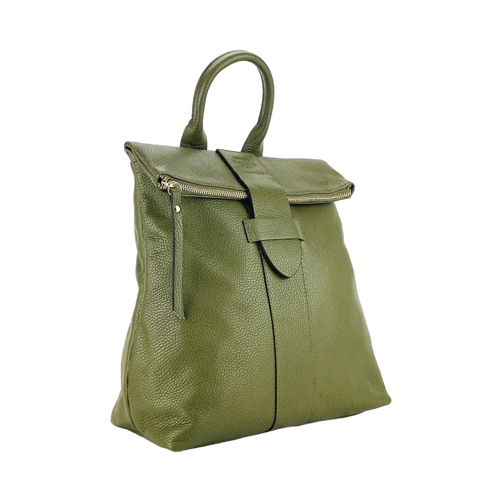 RB1021E | Zaino Donna Morbido in Vera Pelle Made in Italy con Spallacci regolabili. Chiusura lampo e Accessori in metallo Oro Lucido - Colore Verde - Dimensioni: cm 30 x 34 x 10,5 - StepByStep