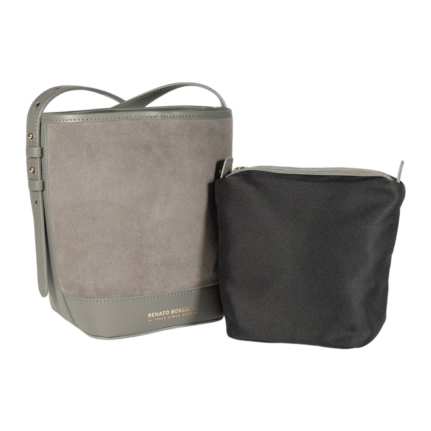 RB1031F | Borsa Donna a Secchiello BRENDA in Vera Pelle Made in Italy. Accessori in metallo Oro Lucido - Colore Grigio - Dimensioni: cm 25 x 23,5 x 17 - StepByStep