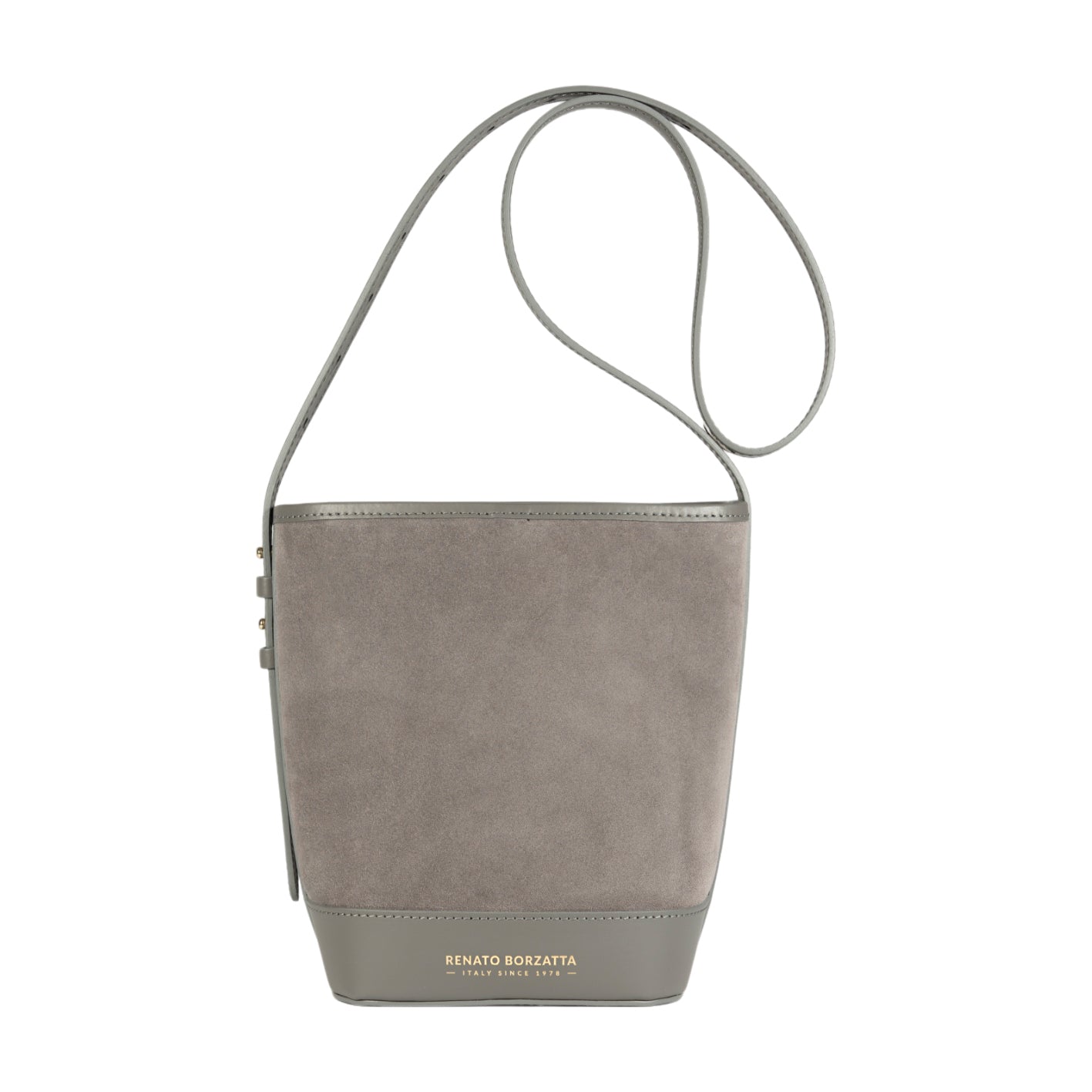 RB1031F | Borsa Donna a Secchiello BRENDA in Vera Pelle Made in Italy. Accessori in metallo Oro Lucido - Colore Grigio - Dimensioni: cm 25 x 23,5 x 17 - StepByStep